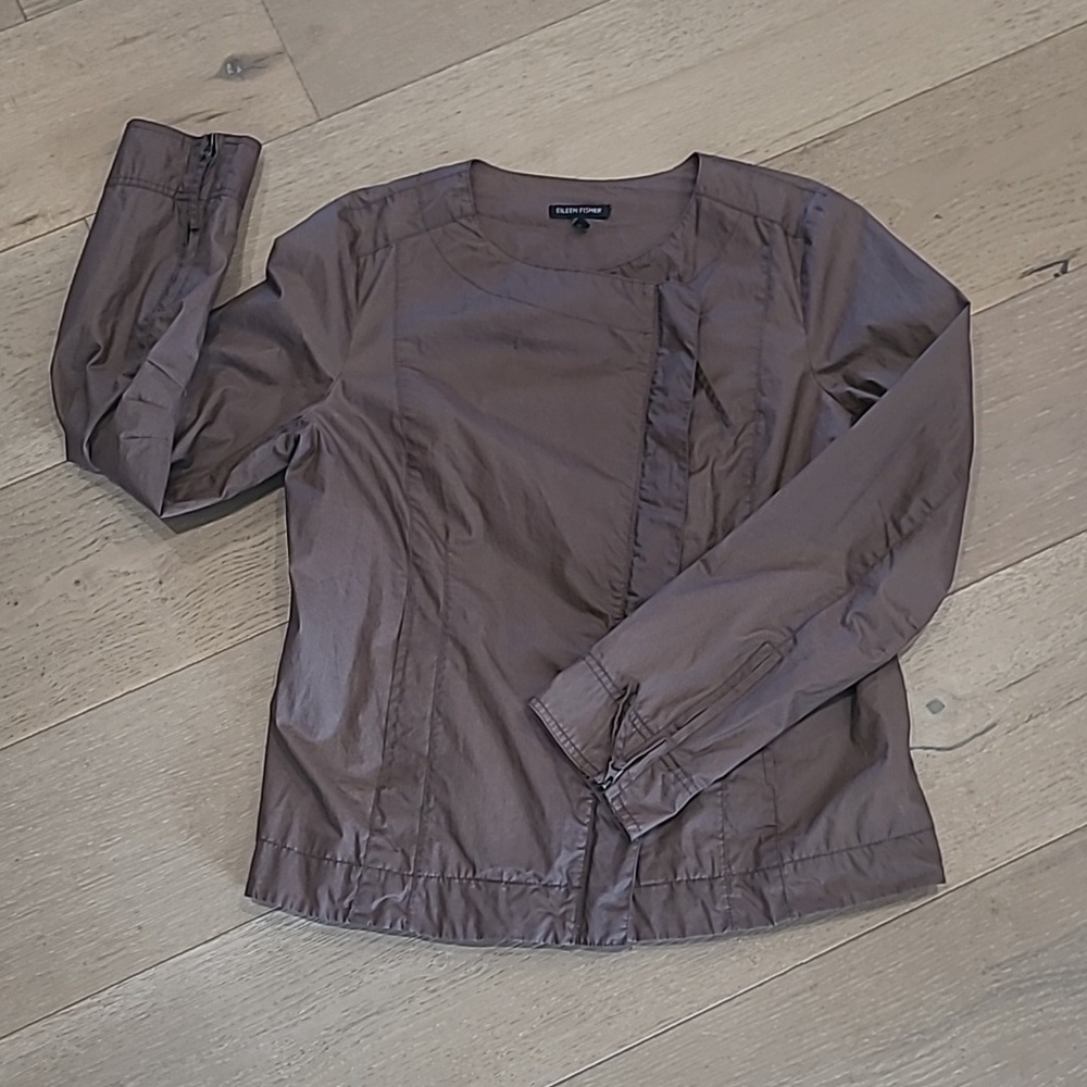 EUC Eileen Fisher Jacket Women's sz Small Oil Cloth Brown Moto Style Jacket
